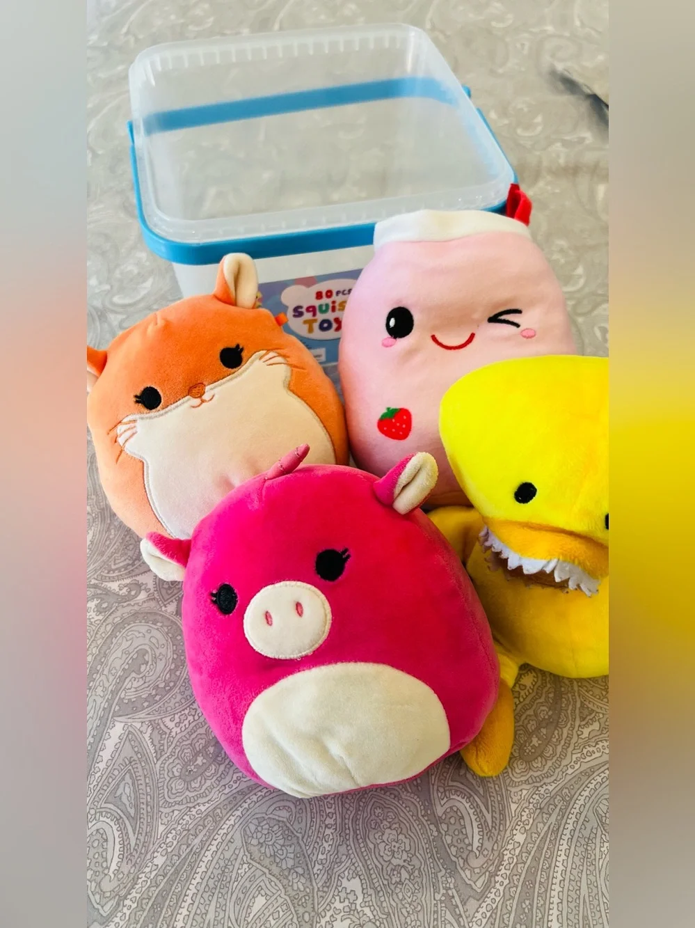 4 Cute Squishy Plush Toy Set - Pink, Orange, Yellow, Hot Pink